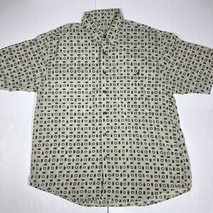 Vtg Summa Silk Blend Men Button Down Short Sleeve Shirt Beige Geometric Pocket L